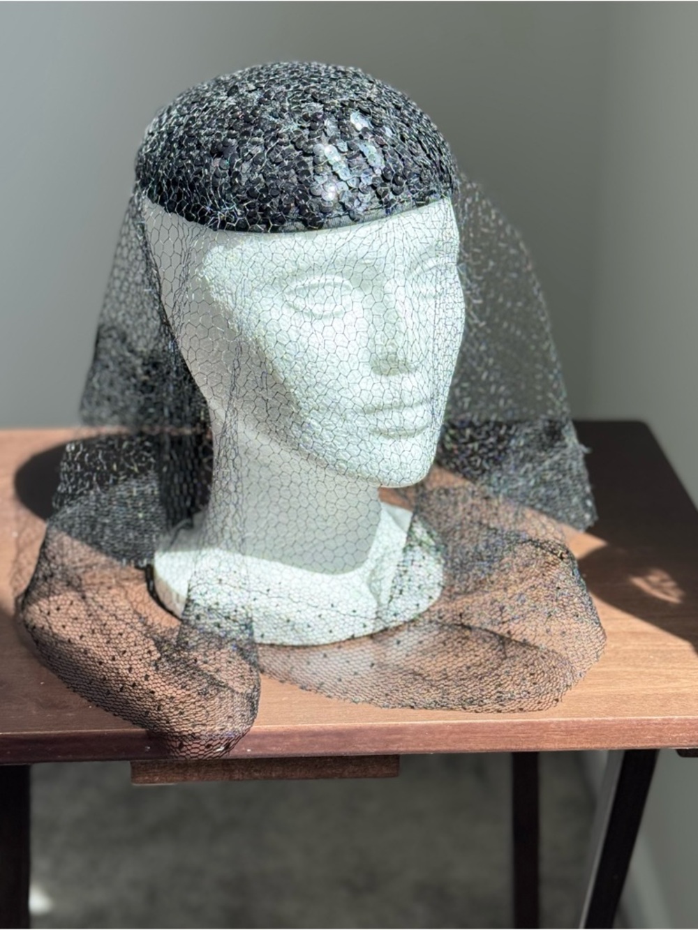 Black Sequin Pillbox Hat with Veil - Women's Elegant Cocktail Headpiece